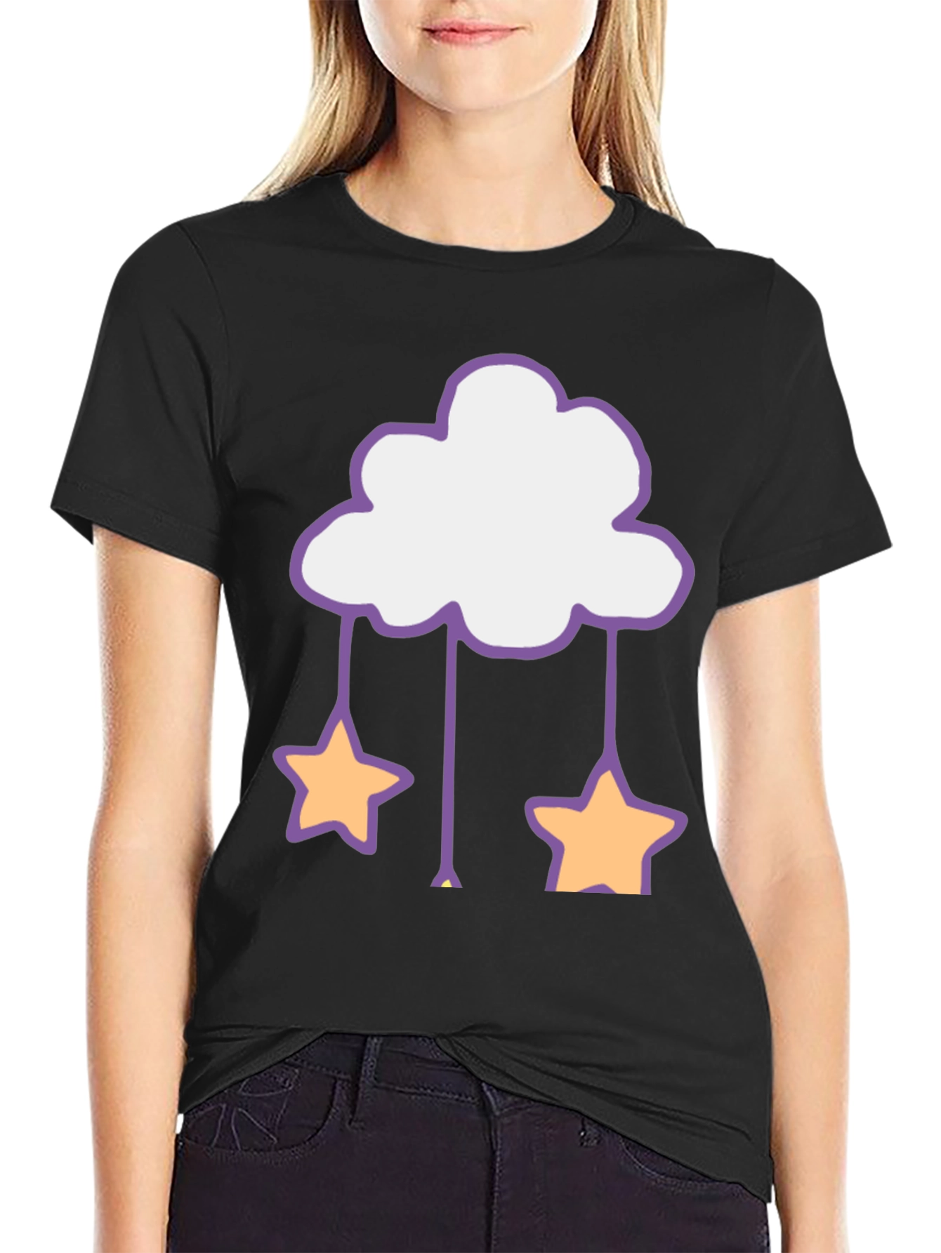 Cute Cloud & Star Graphic Tee - Black