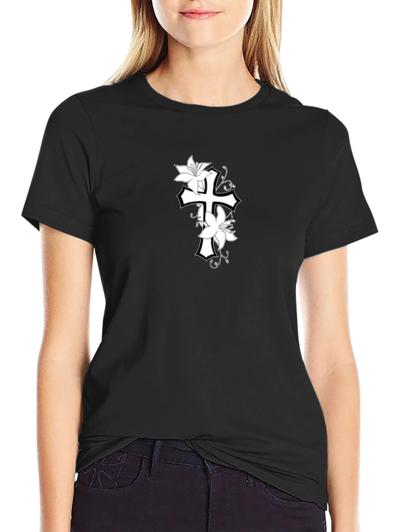 Floral Cross Graphic Black T-Shirt
