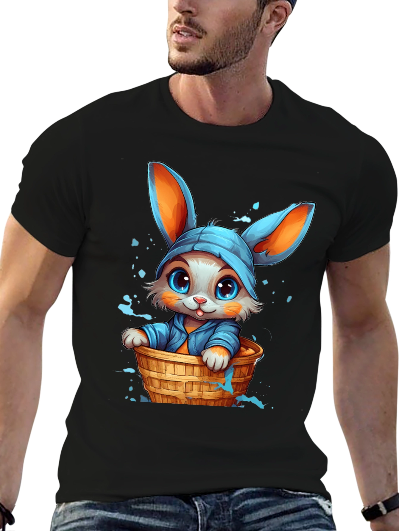 Cute Bunny Graphic Tee - Black Cotton
