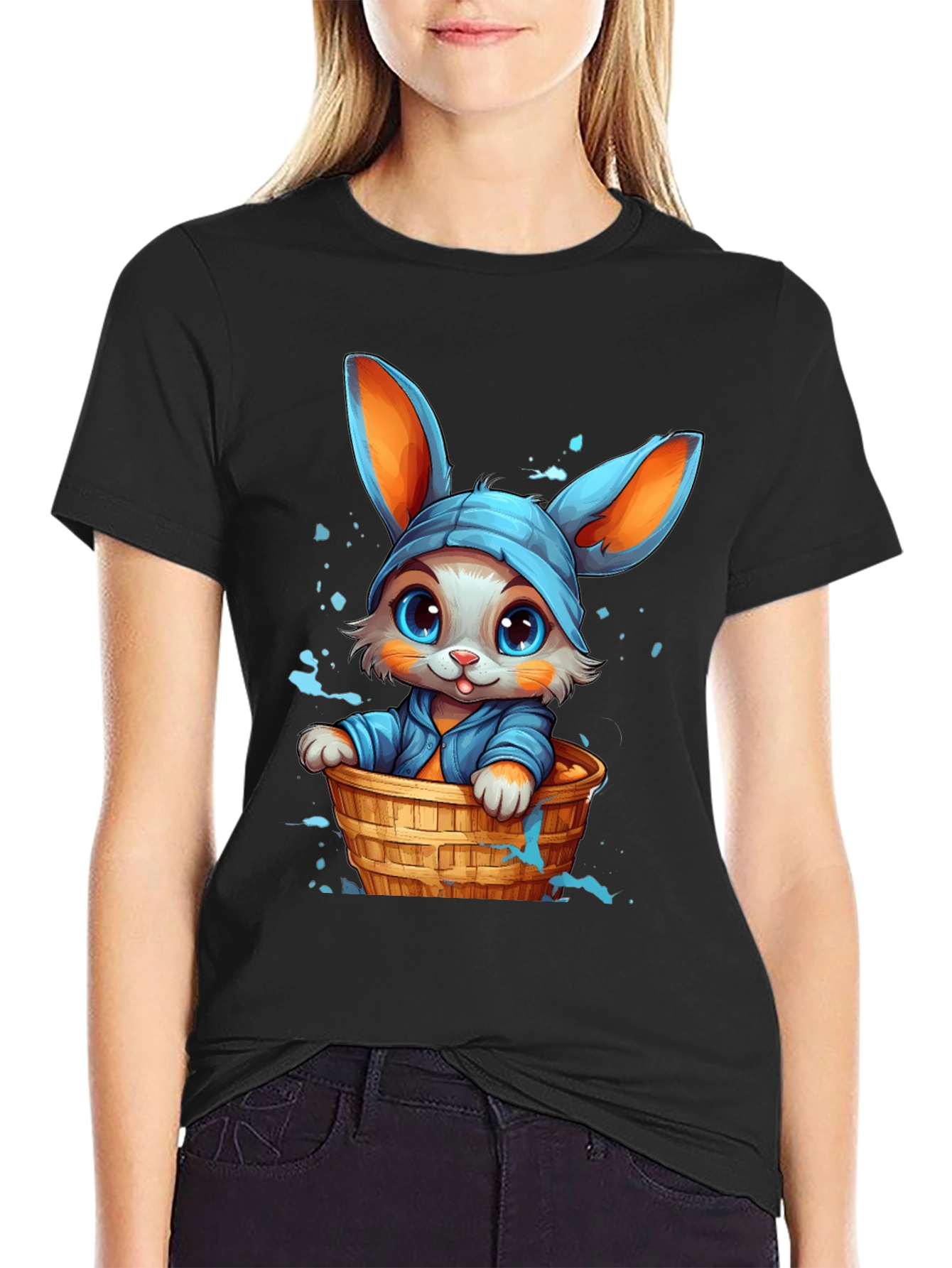 Cute Bunny Graphic Tee - Black Cotton