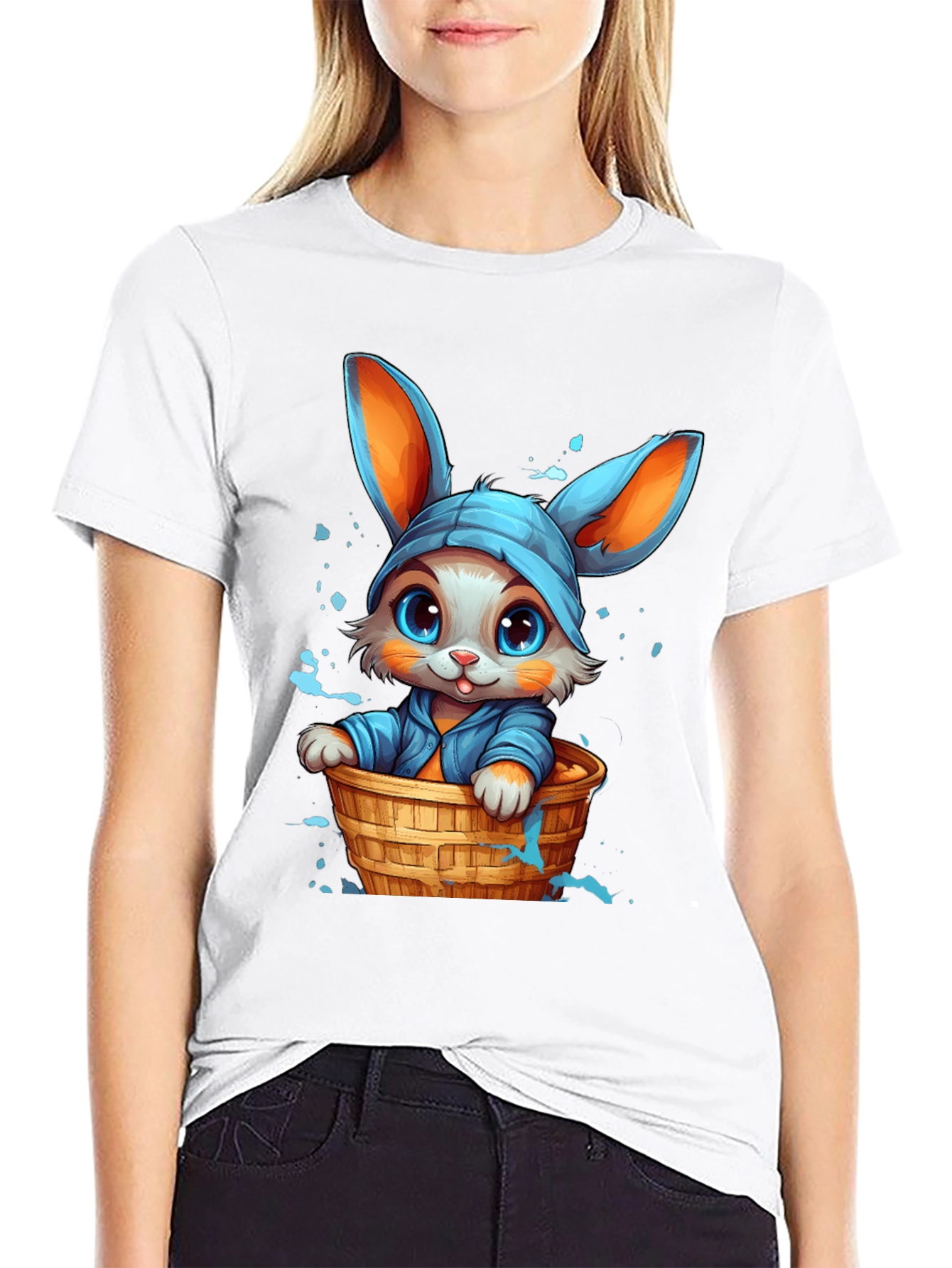 Cute Bunny Graphic Tee - Black Cotton