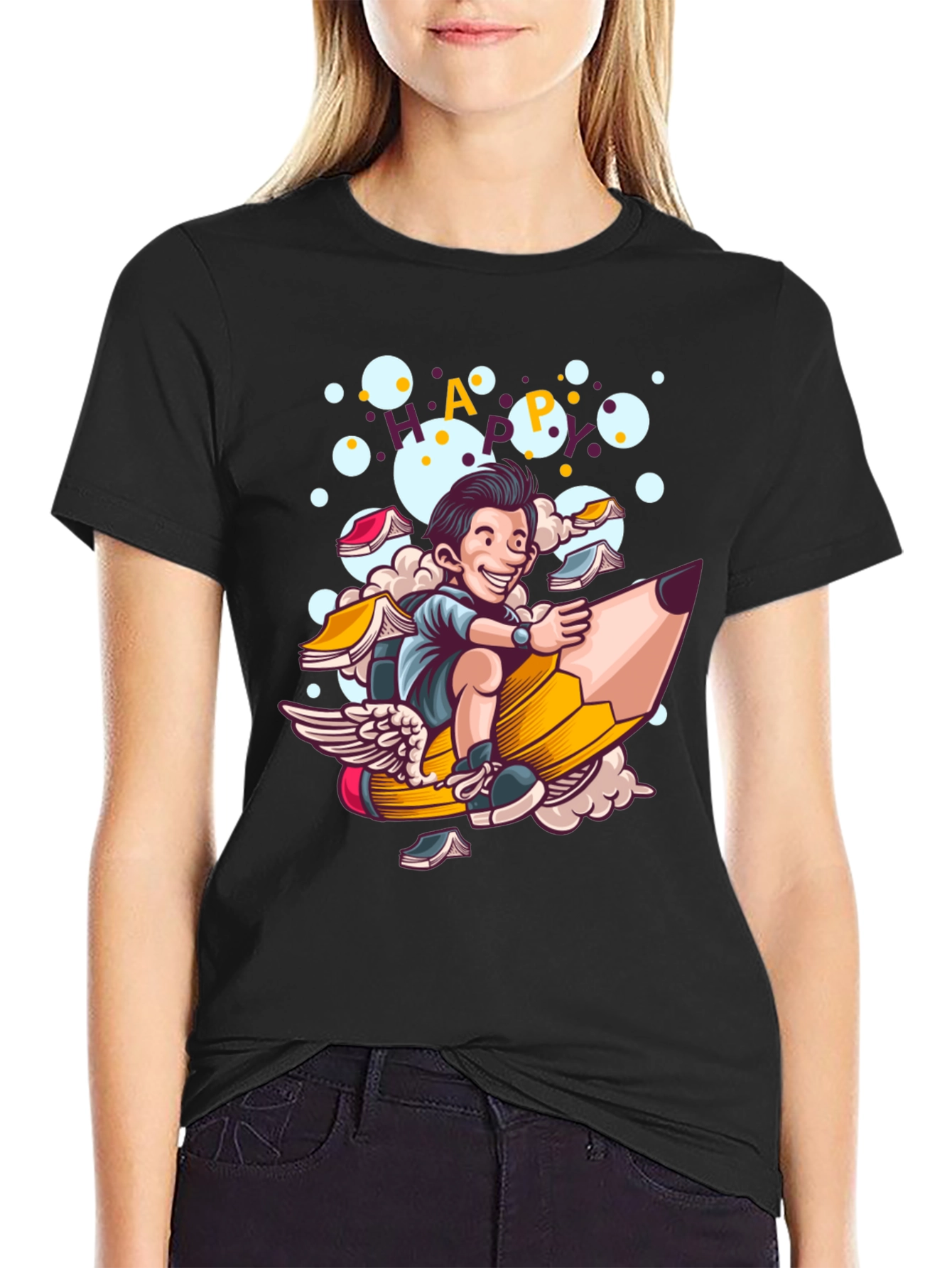 Happy Cartoon Graphic Print T-Shirt