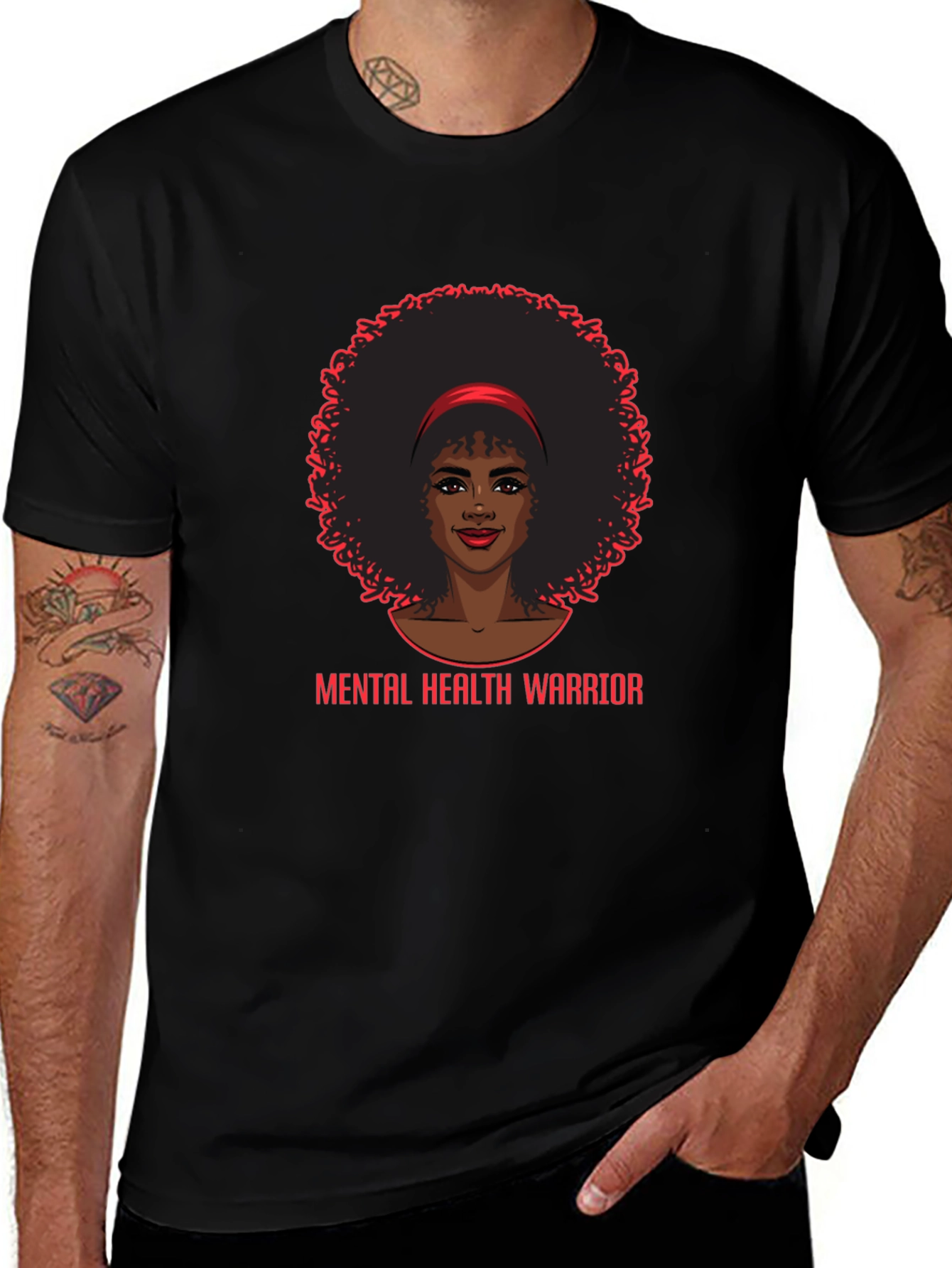Mental Health Warrior Afro Woman Black T-Shirt