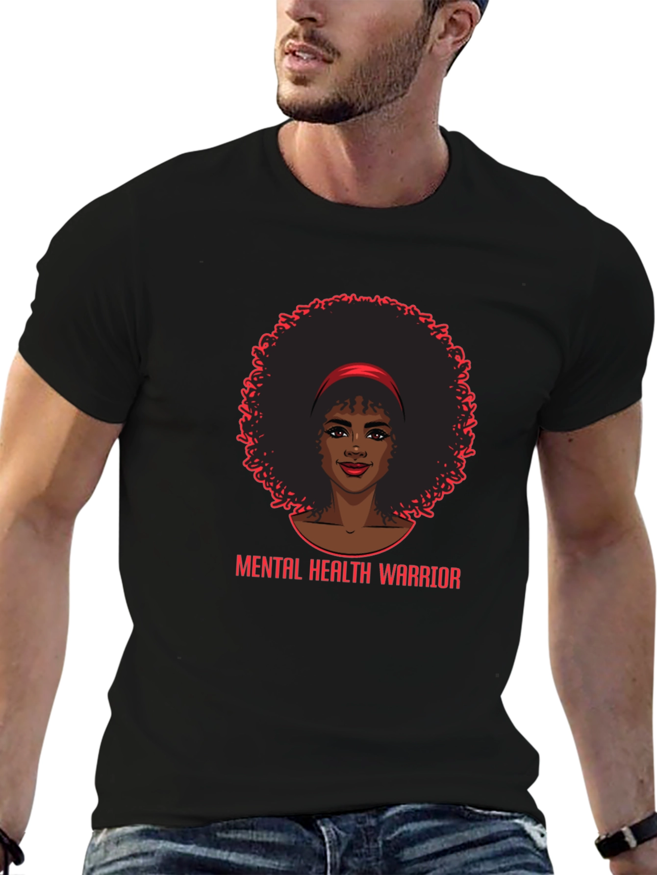 Mental Health Warrior Afro Woman Black T-Shirt