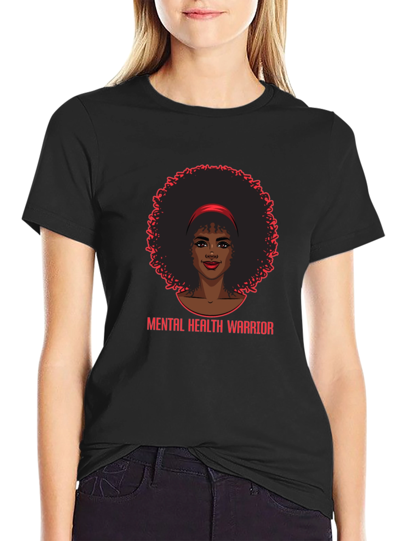Mental Health Warrior Afro Woman Black T-Shirt