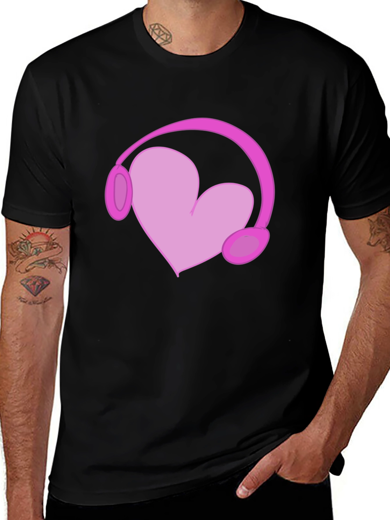 Heart Headphones Graphic Tee - Black Cotton T-Shirt