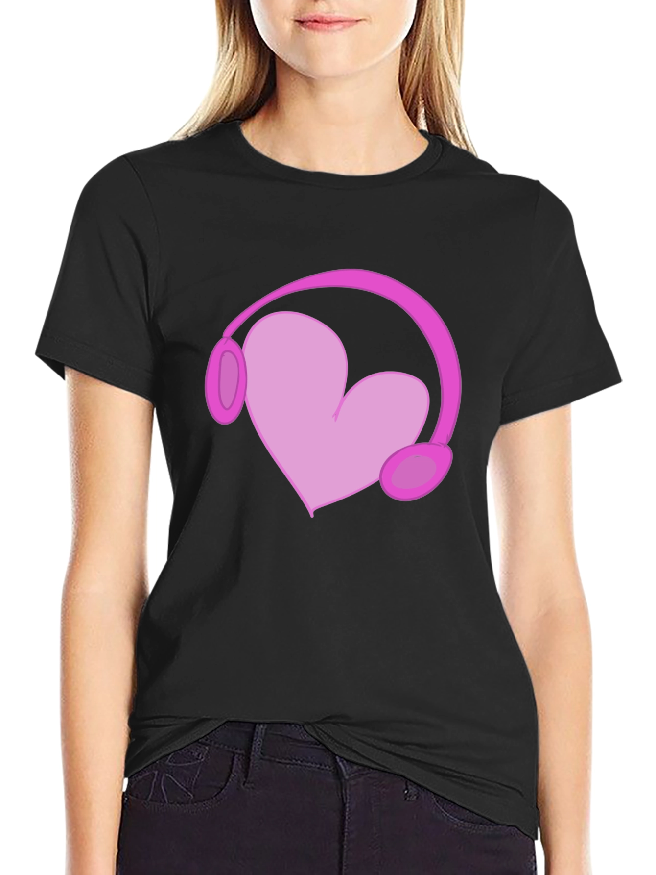 Heart Headphones Graphic Tee - Black Cotton T-Shirt