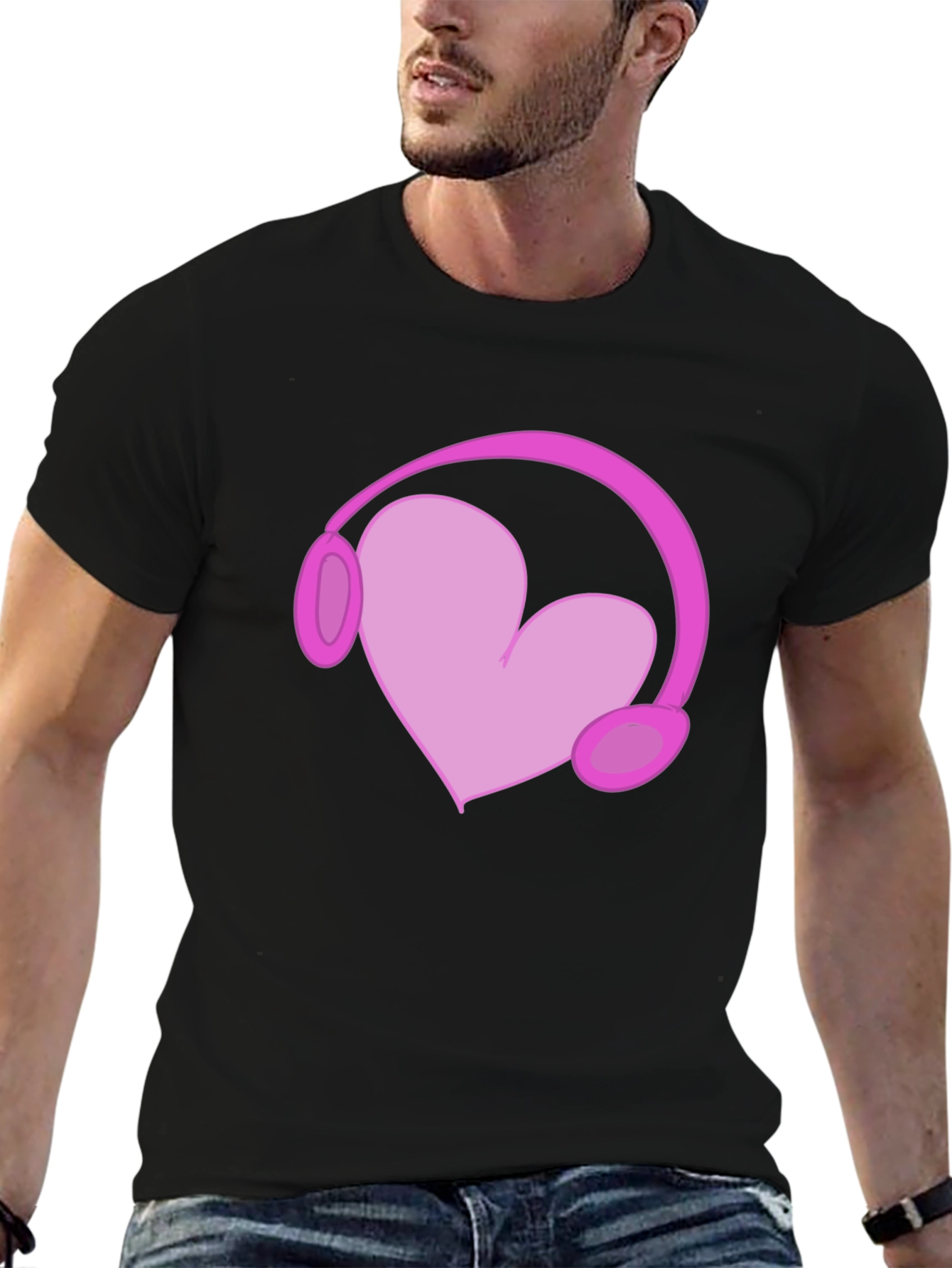 Heart Headphones Graphic Tee - Black Cotton T-Shirt