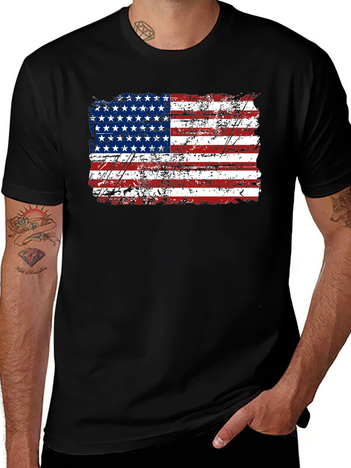 Distressed American Flag Graphic Black T-Shirt