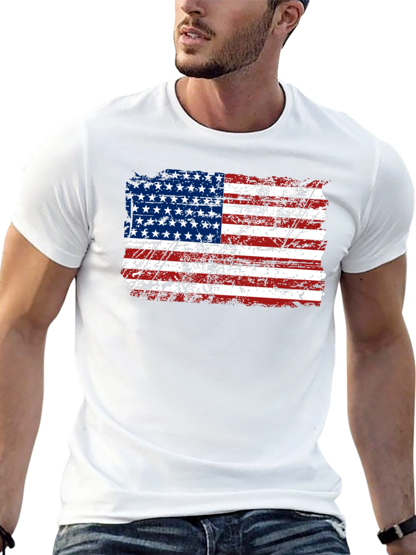 Distressed American Flag Graphic Black T-Shirt