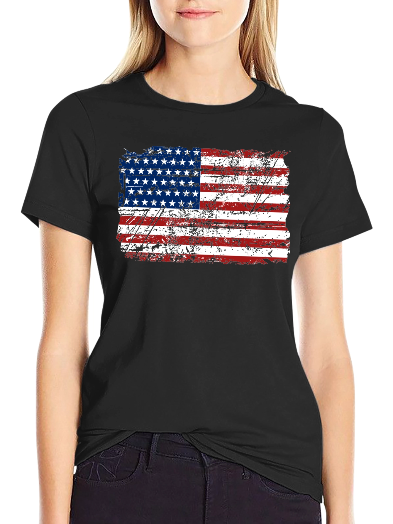 Distressed American Flag Graphic Black T-Shirt