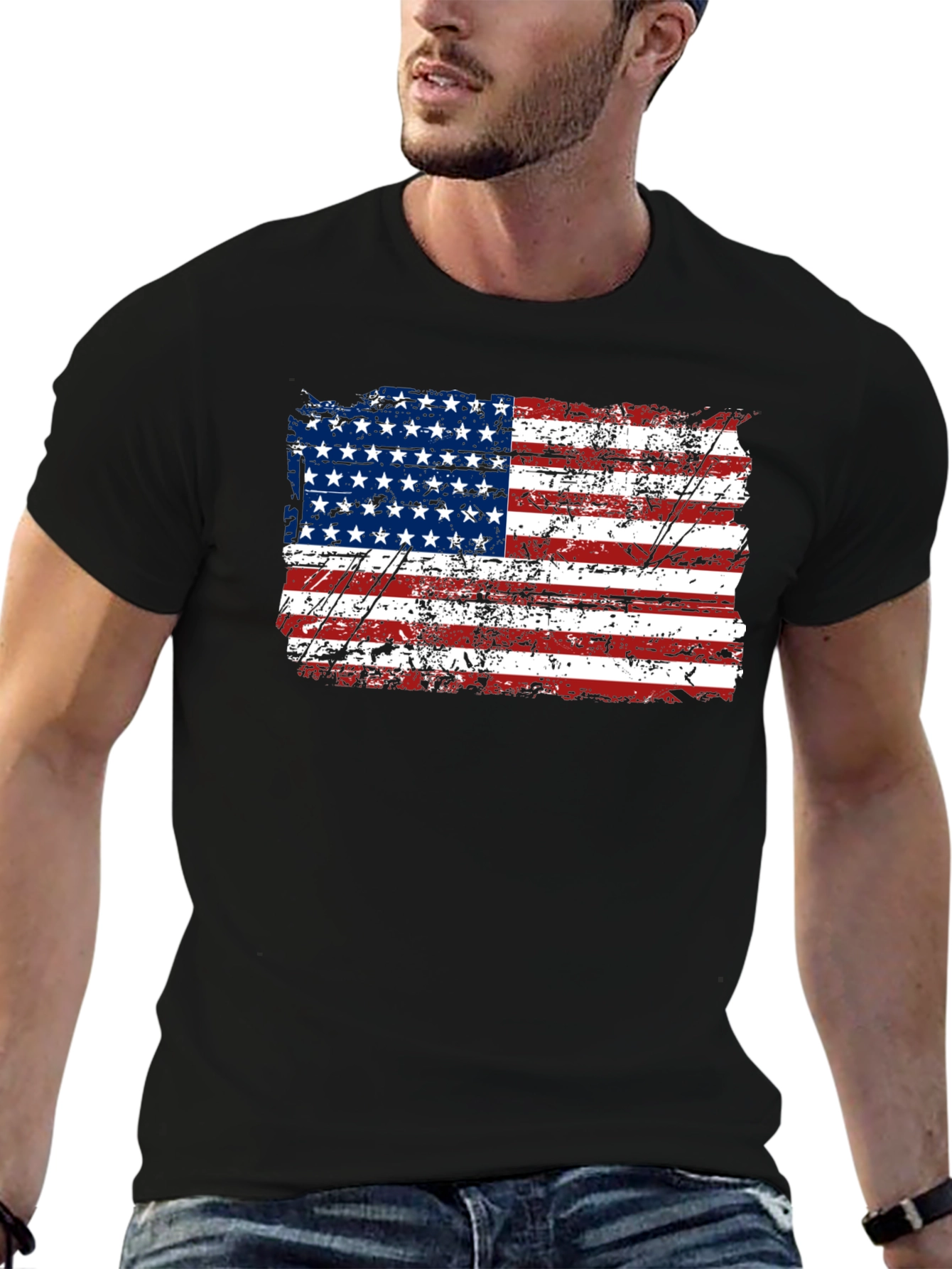 Distressed American Flag Graphic Black T-Shirt