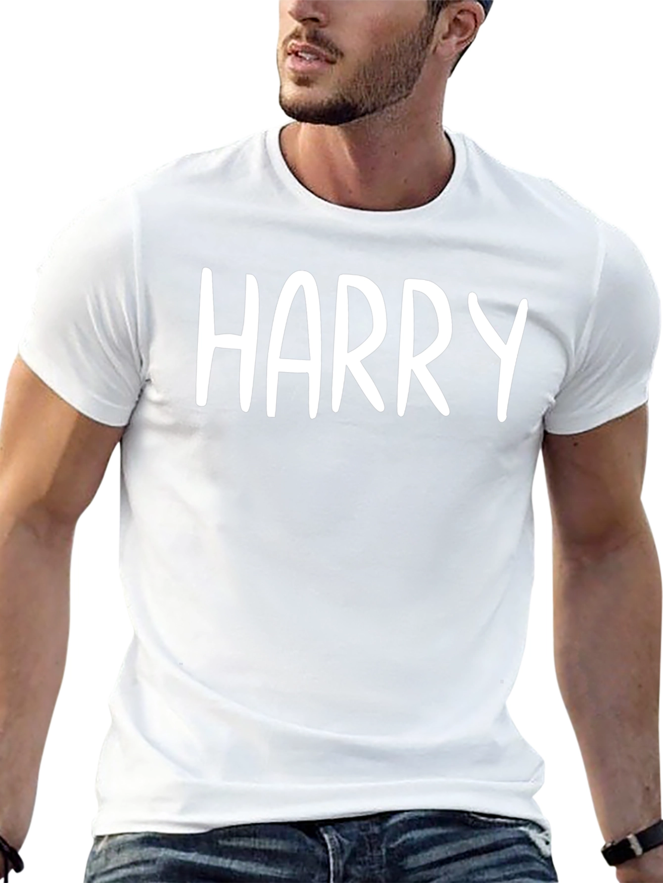 Personalized Harry White Text Black Cotton T-Shirt
