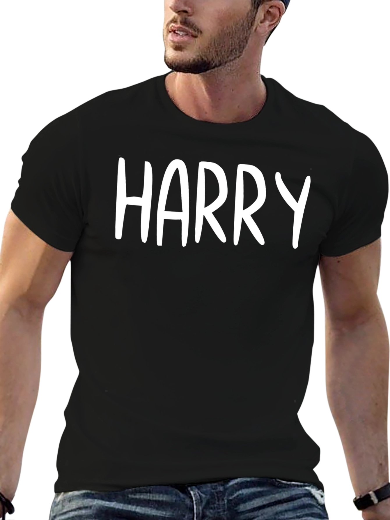 Personalized Harry White Text Black Cotton T-Shirt