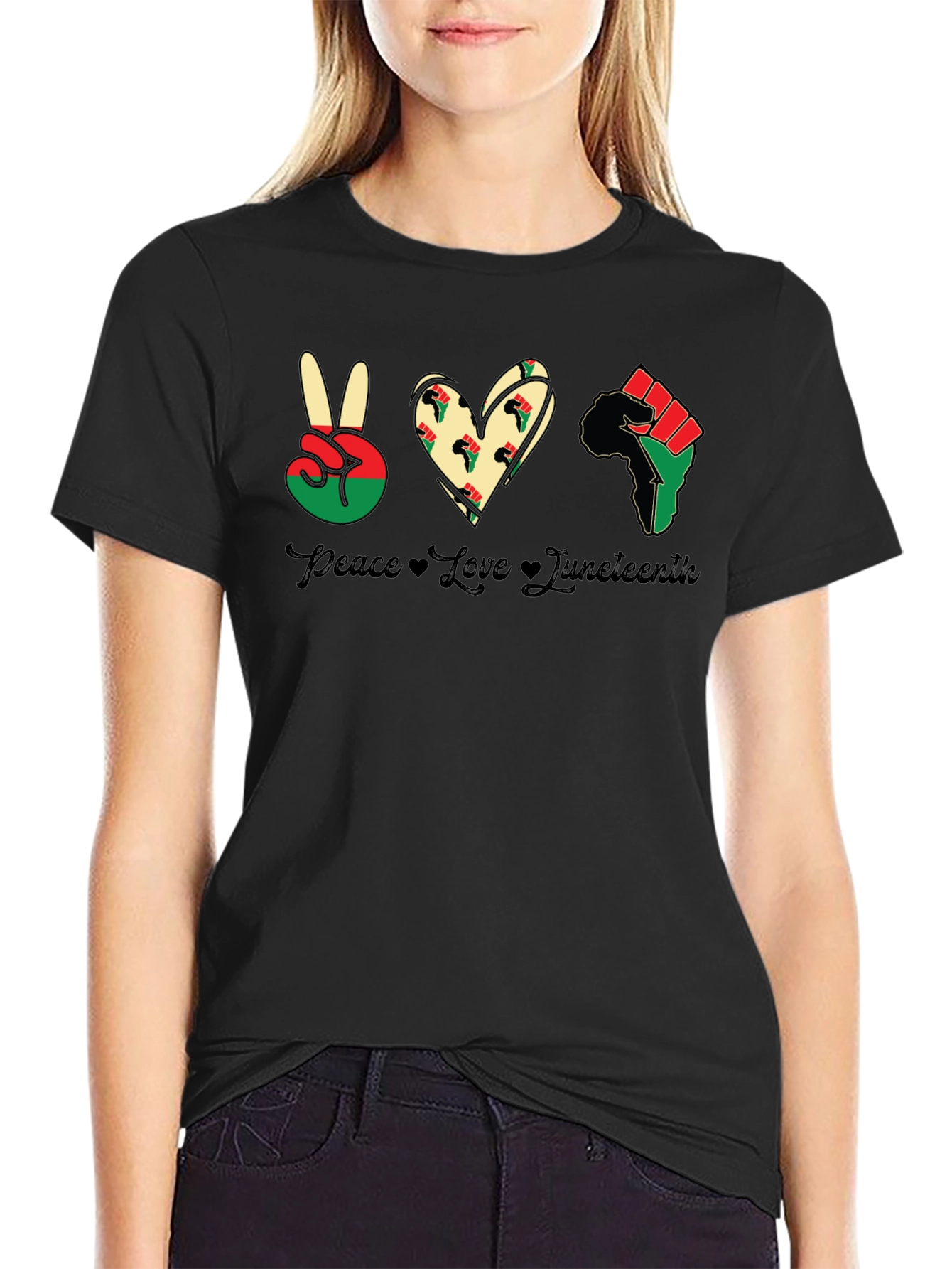 Juneteenth Peace Love Fist Black T-Shirt