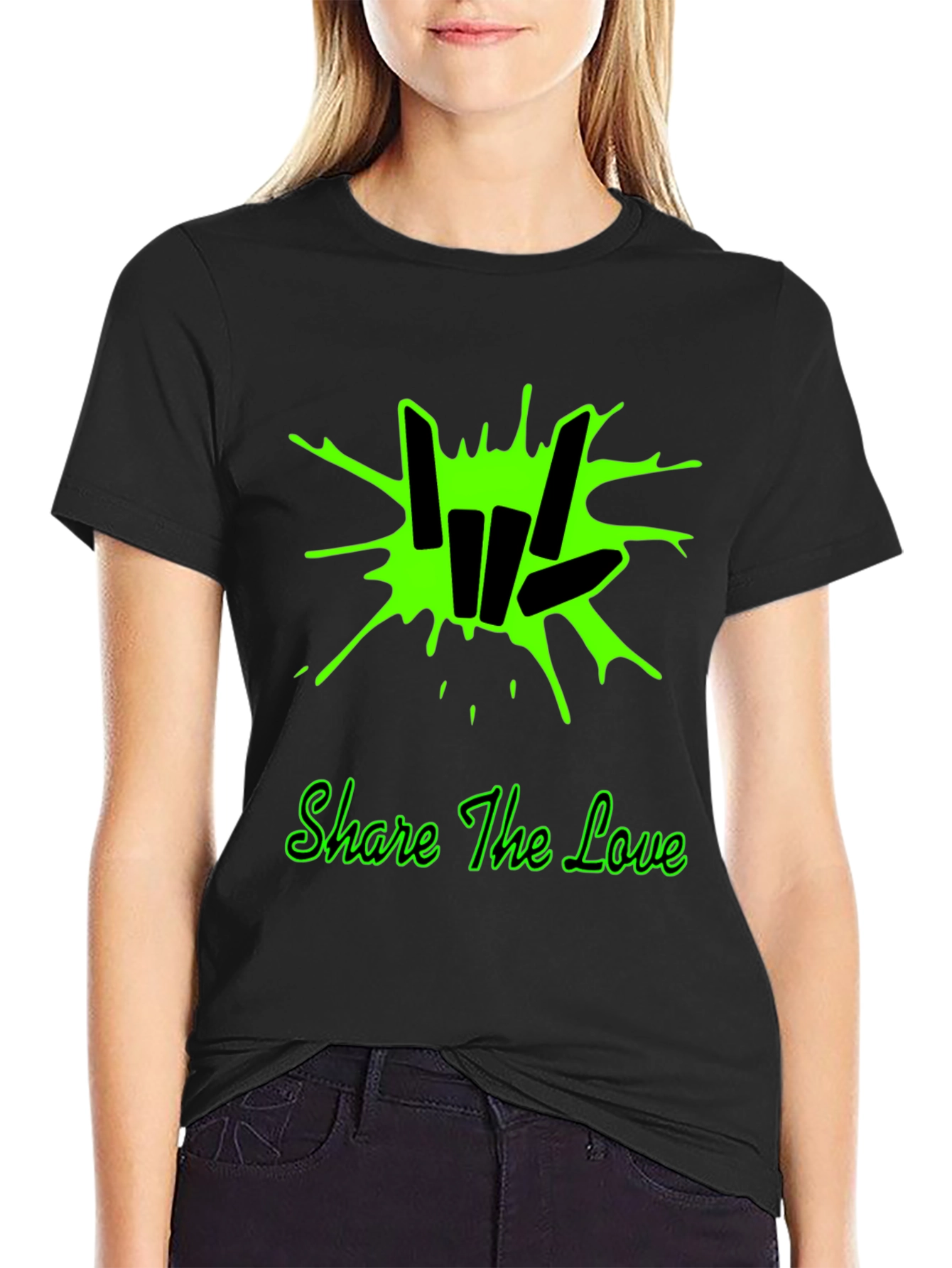 Share the Love Black T-Shirt with Green Graphic Design