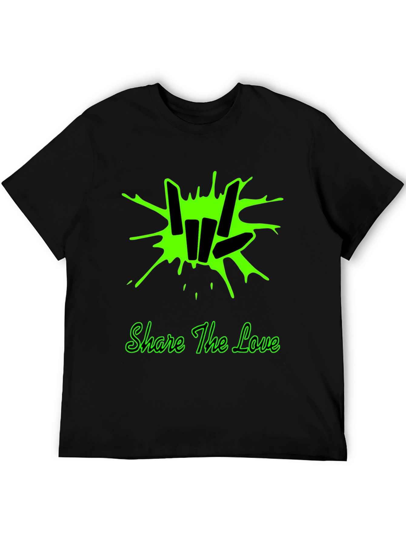 Share the Love Black T-Shirt with Green Graphic Design