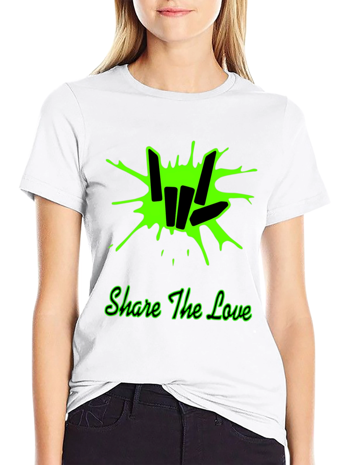 Share the Love Black T-Shirt with Green Graphic Design