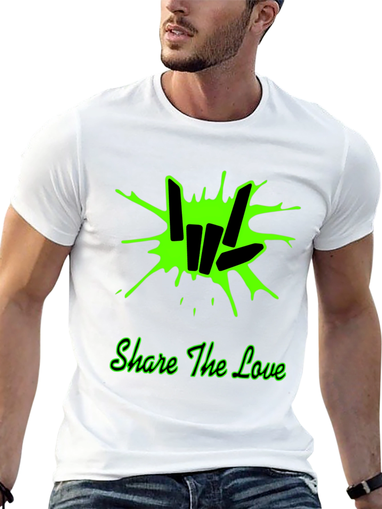 Share the Love Black T-Shirt with Green Graphic Design