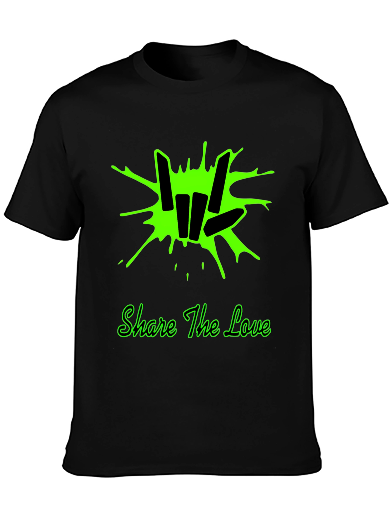 Share the Love Black T-Shirt with Green Graphic Design