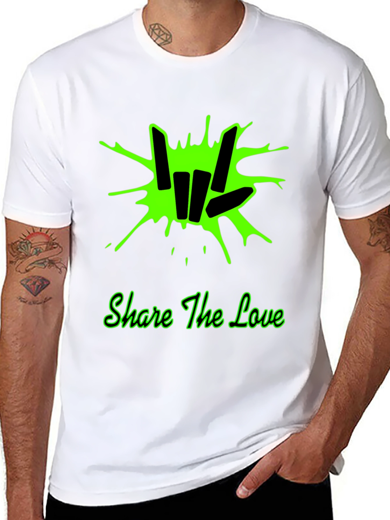 Share the Love Black T-Shirt with Green Graphic Design