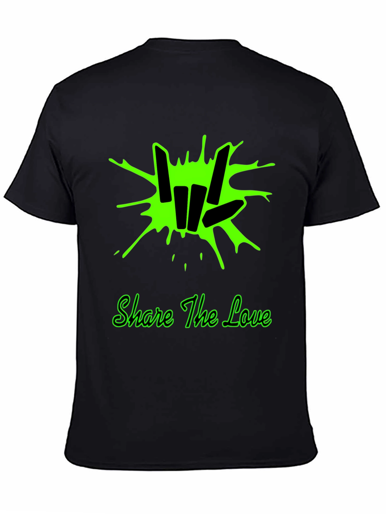 Share the Love Black T-Shirt with Green Graphic Design