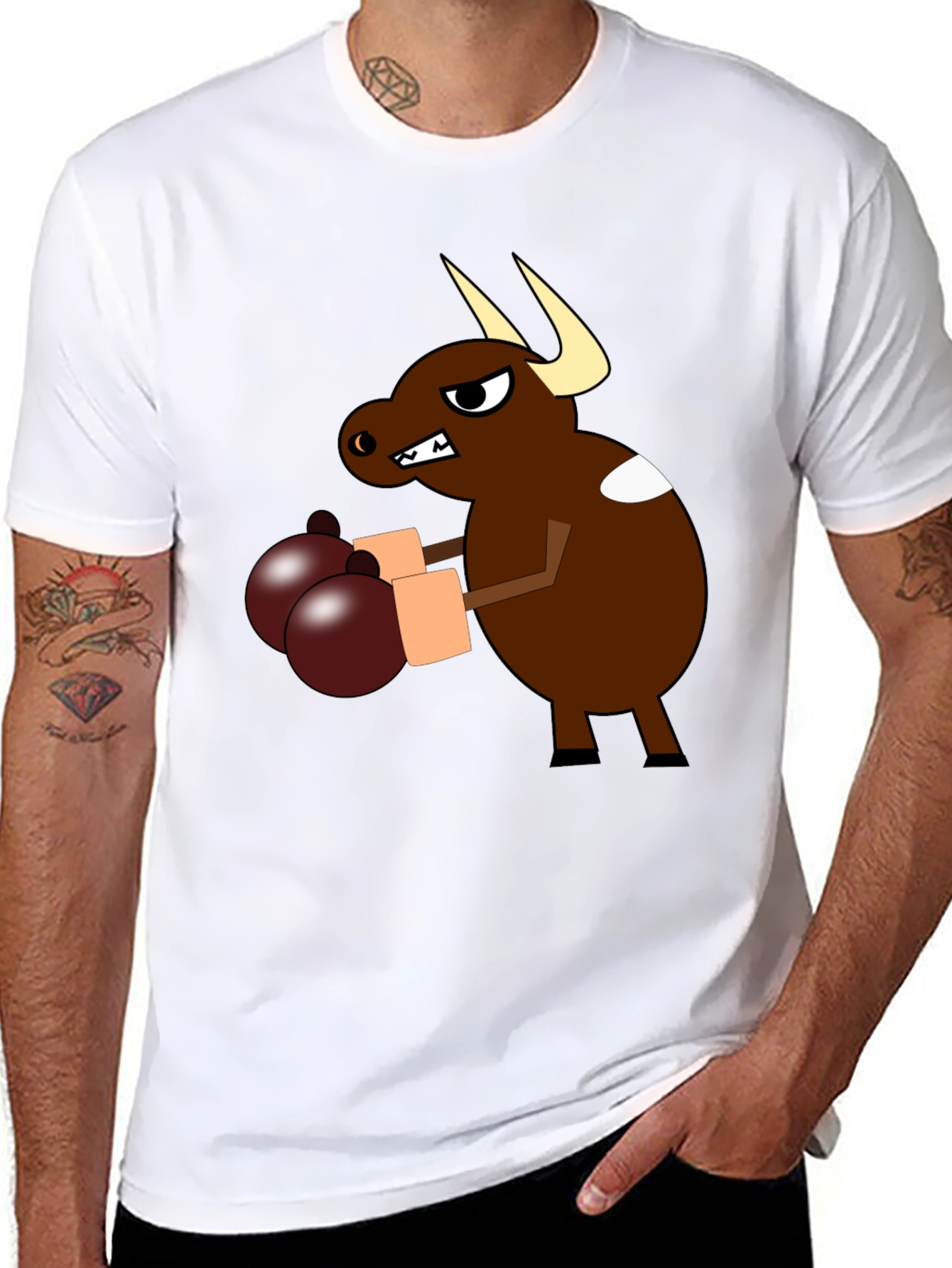 Cartoon Boxing Bull Black T-Shirt