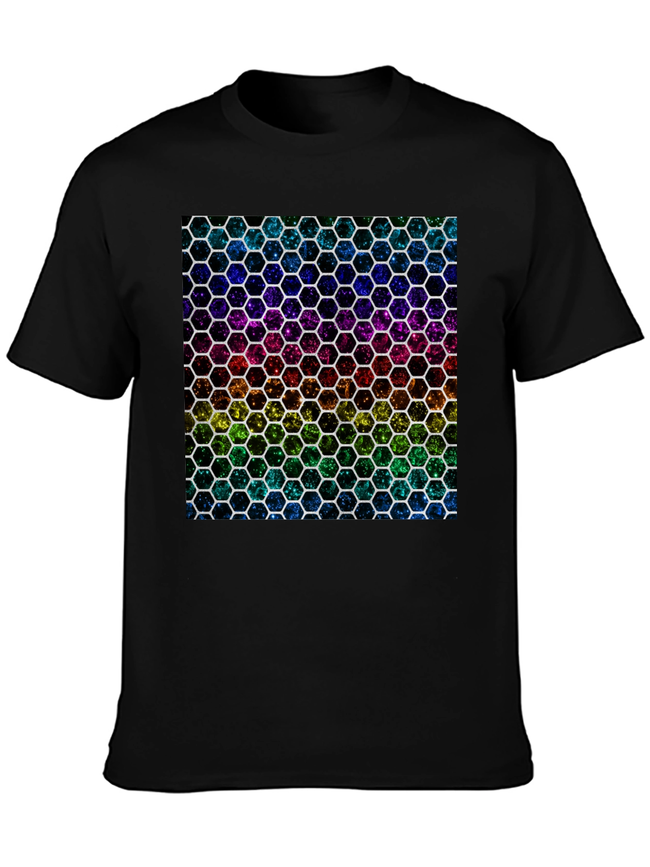Rainbow Hexagon Pattern Black T-Shirt