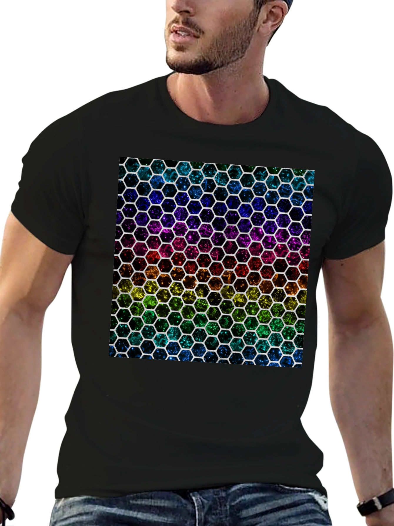 Rainbow Hexagon Pattern Black T-Shirt