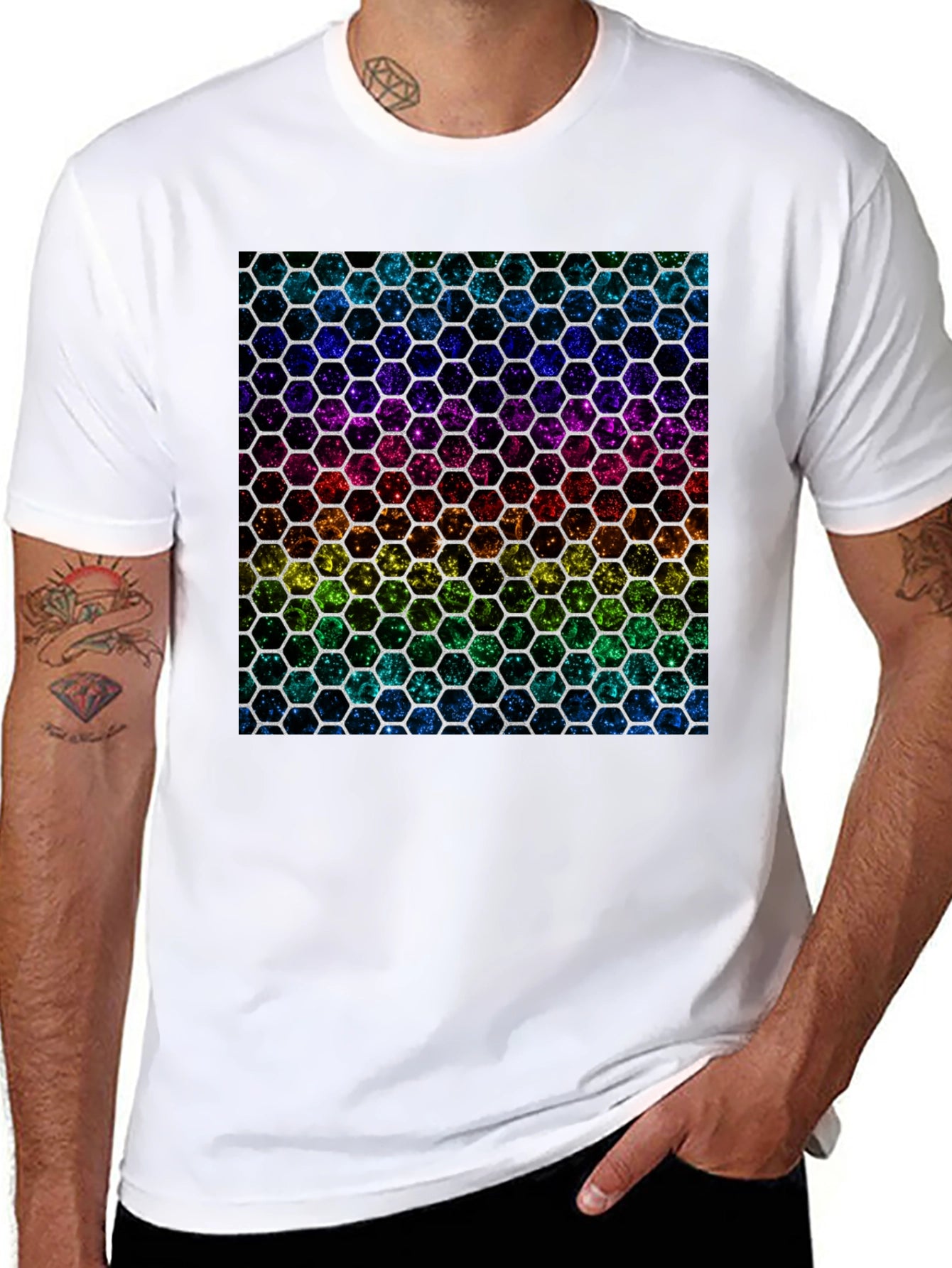 Rainbow Hexagon Pattern Black T-Shirt