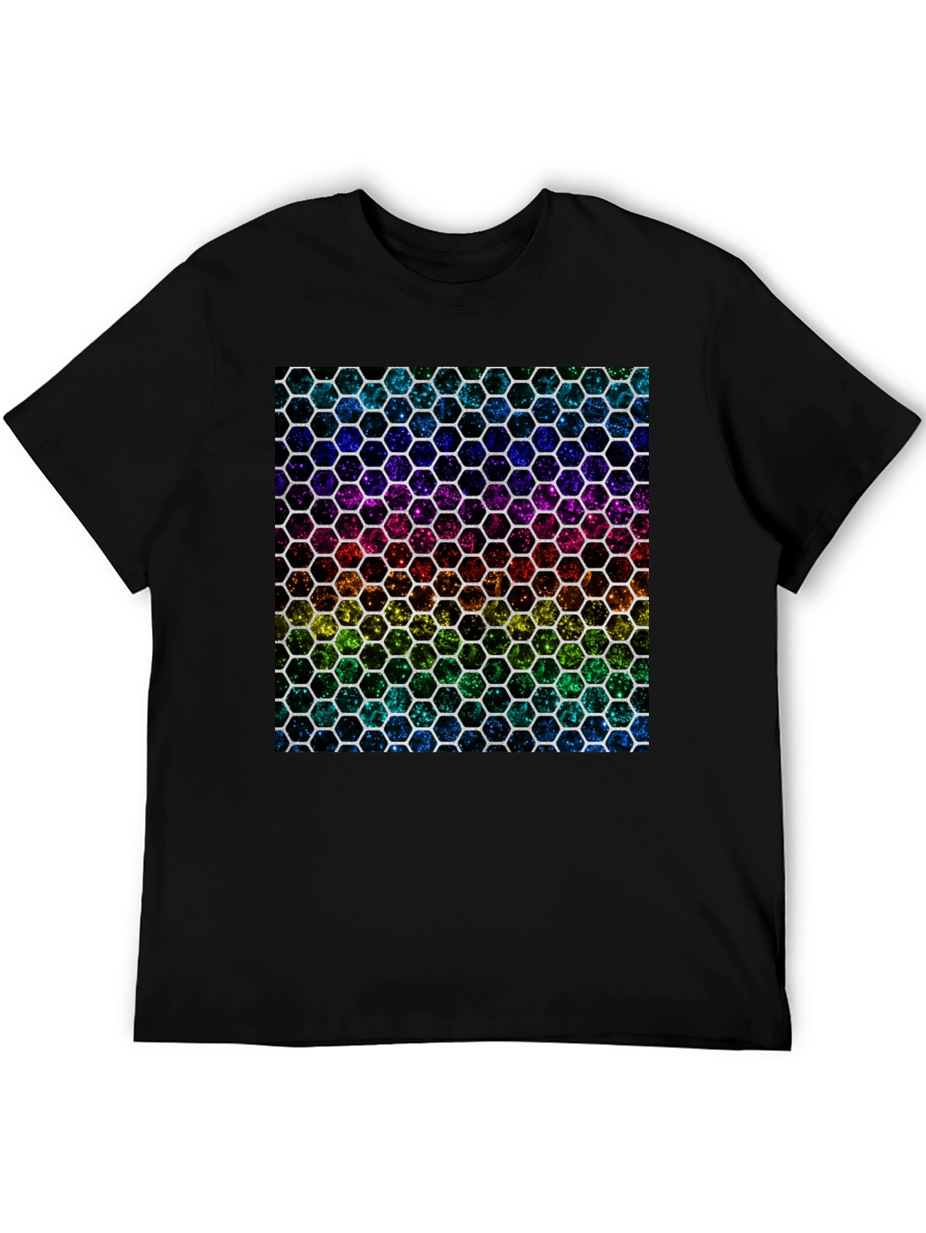 Rainbow Hexagon Pattern Black T-Shirt