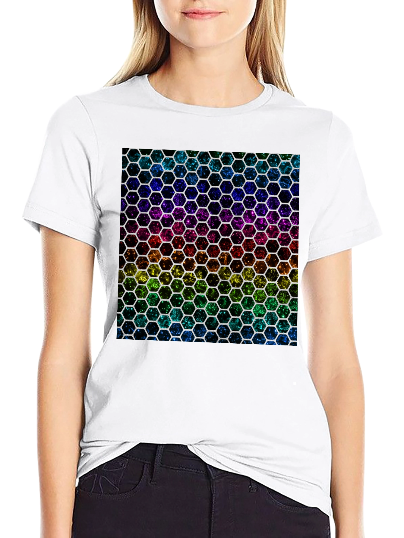 Rainbow Hexagon Pattern Black T-Shirt
