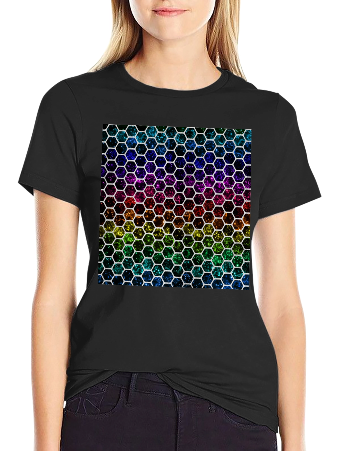 Rainbow Hexagon Pattern Black T-Shirt
