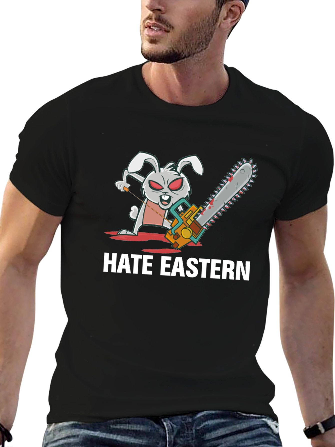 Hate Eastern Bunny Chainsaw Black T-Shirt