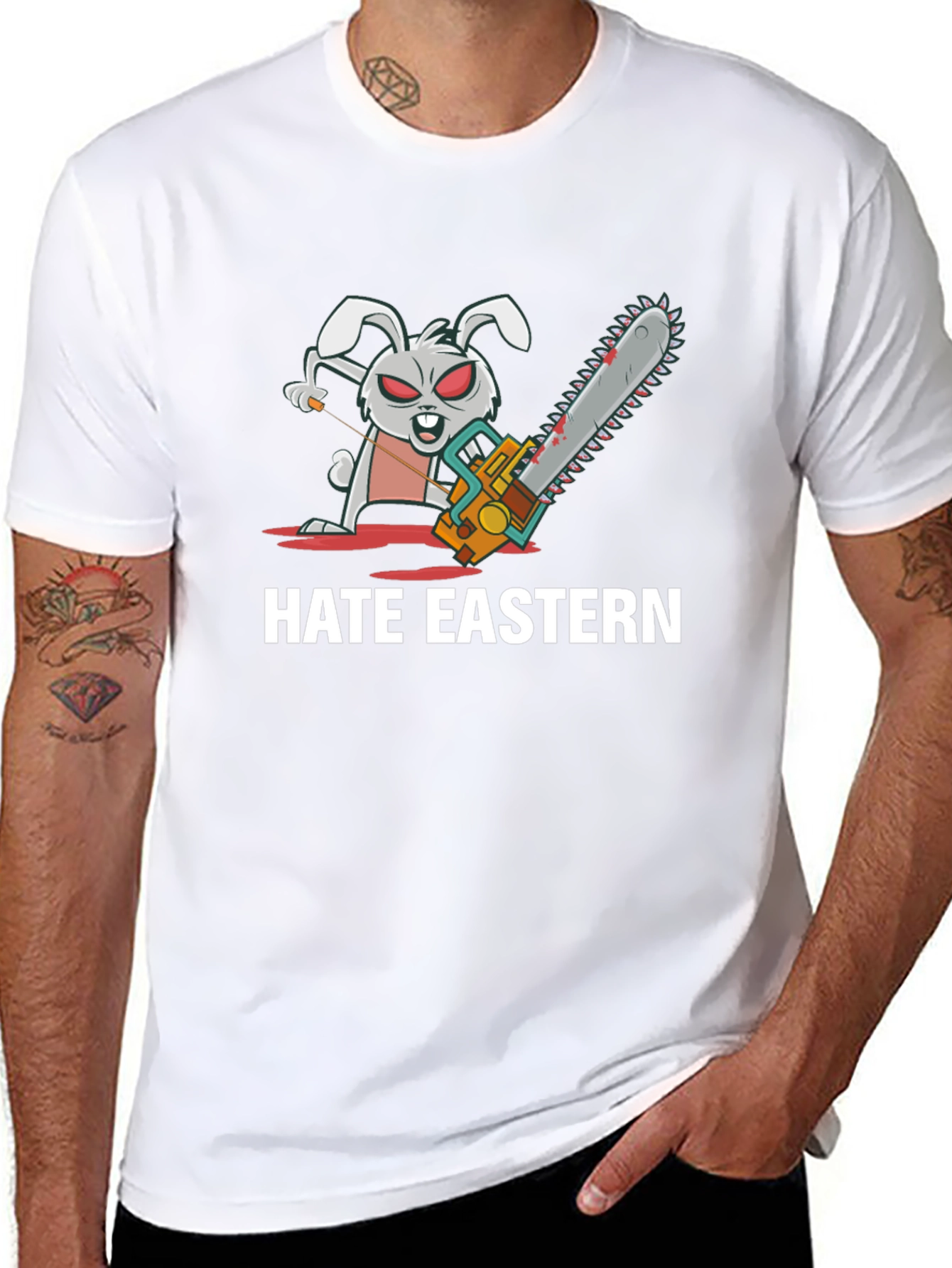 Hate Eastern Bunny Chainsaw Black T-Shirt