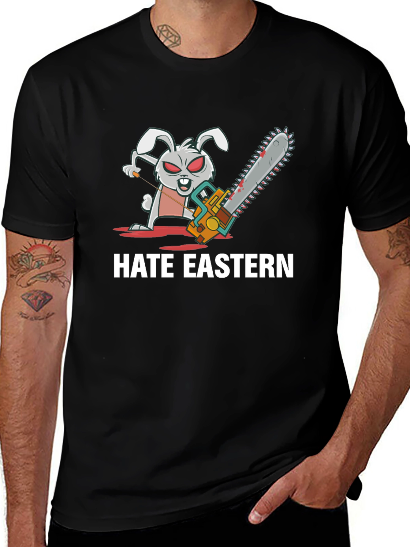 Hate Eastern Bunny Chainsaw Black T-Shirt