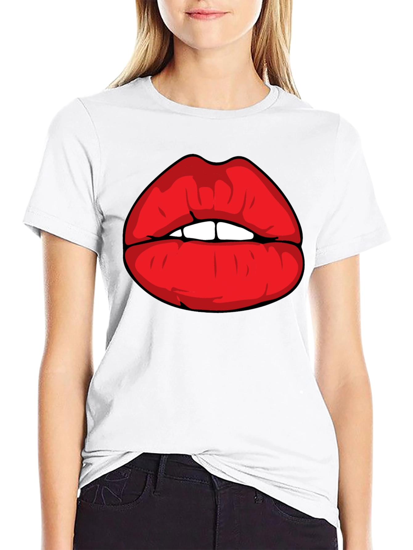 Bold Red Lips Graphic Black T-Shirt