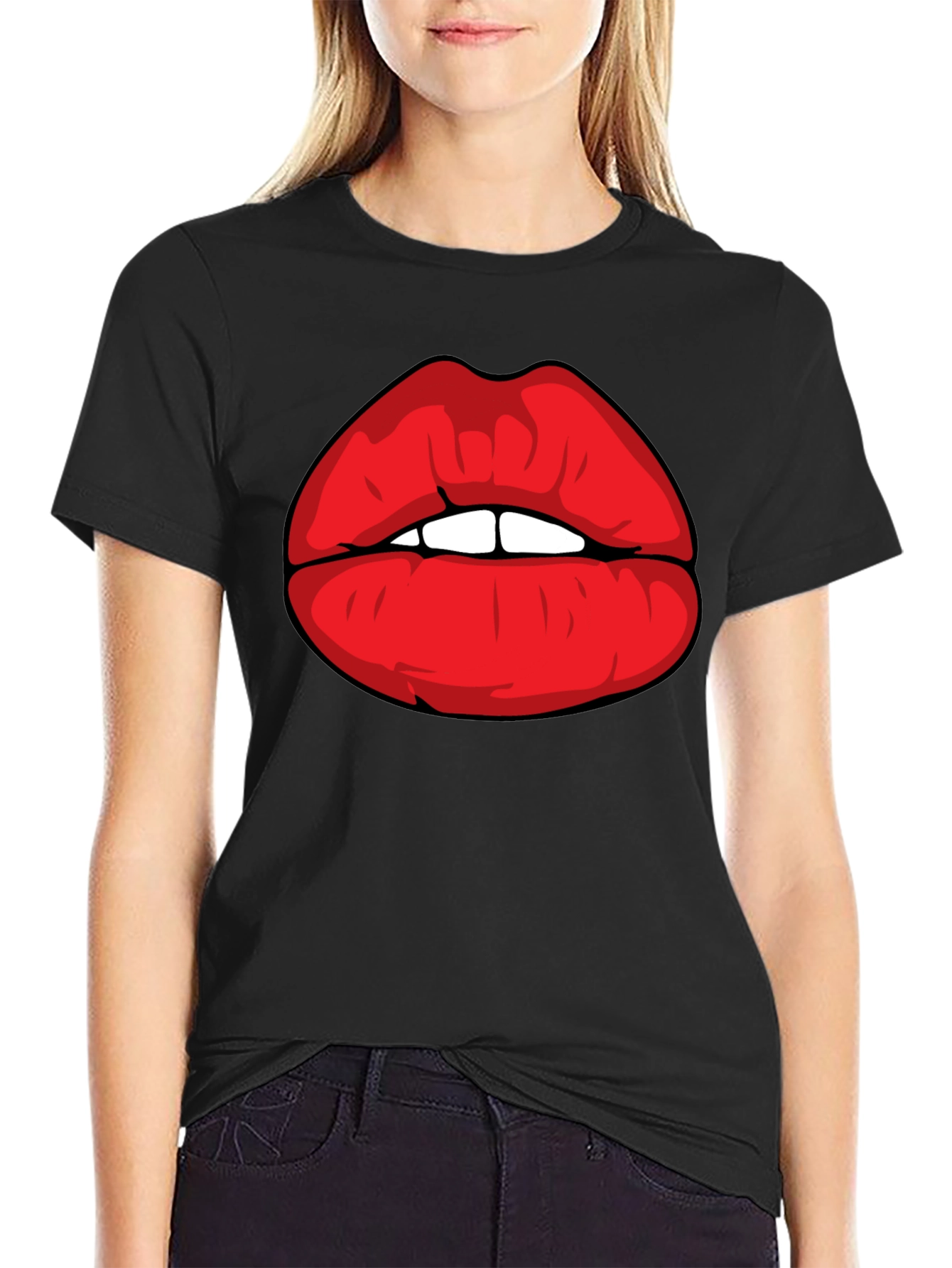 Bold Red Lips Graphic Black T-Shirt