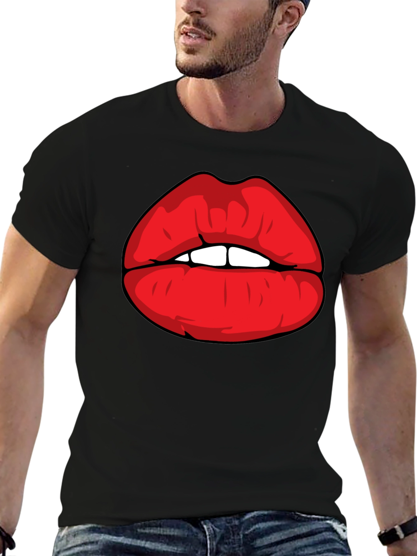 Bold Red Lips Graphic Black T-Shirt