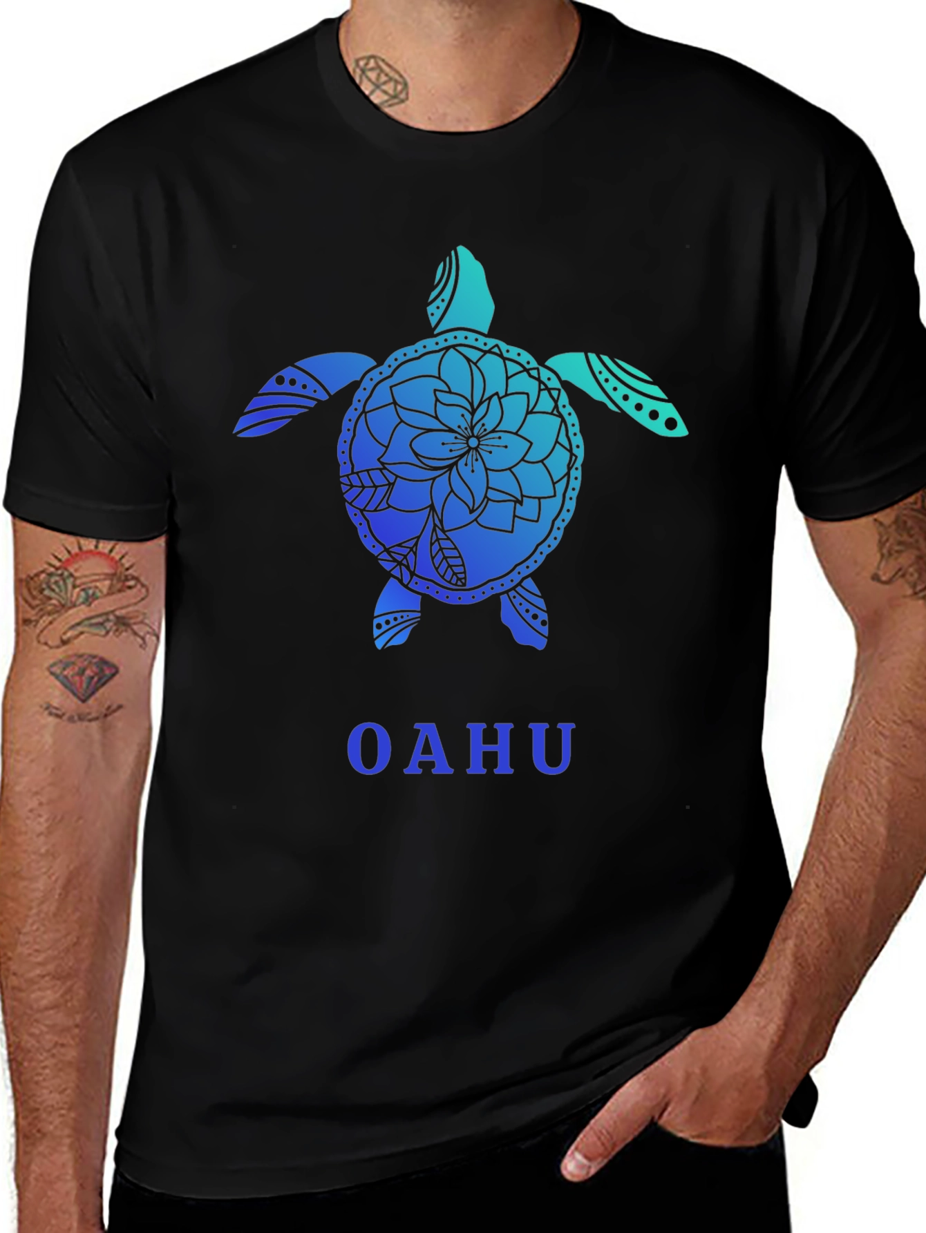 Oahu Turtle Graphic Tee - Black Cotton T-Shirt