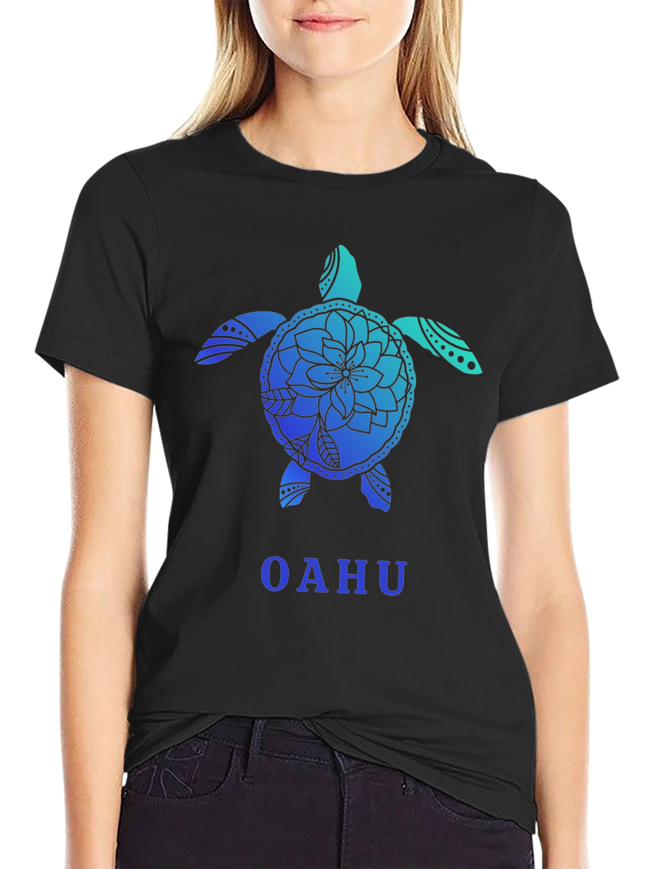Oahu Turtle Graphic Tee - Black Cotton T-Shirt