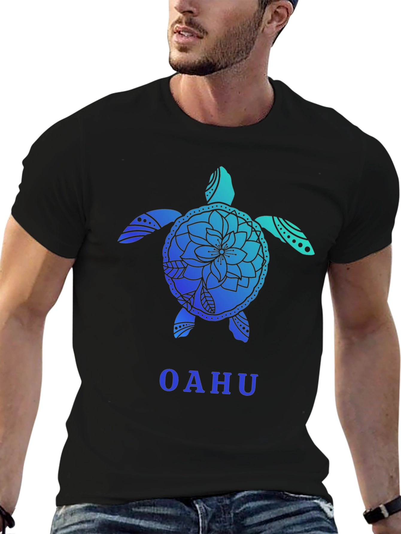 Oahu Turtle Graphic Tee - Black Cotton T-Shirt