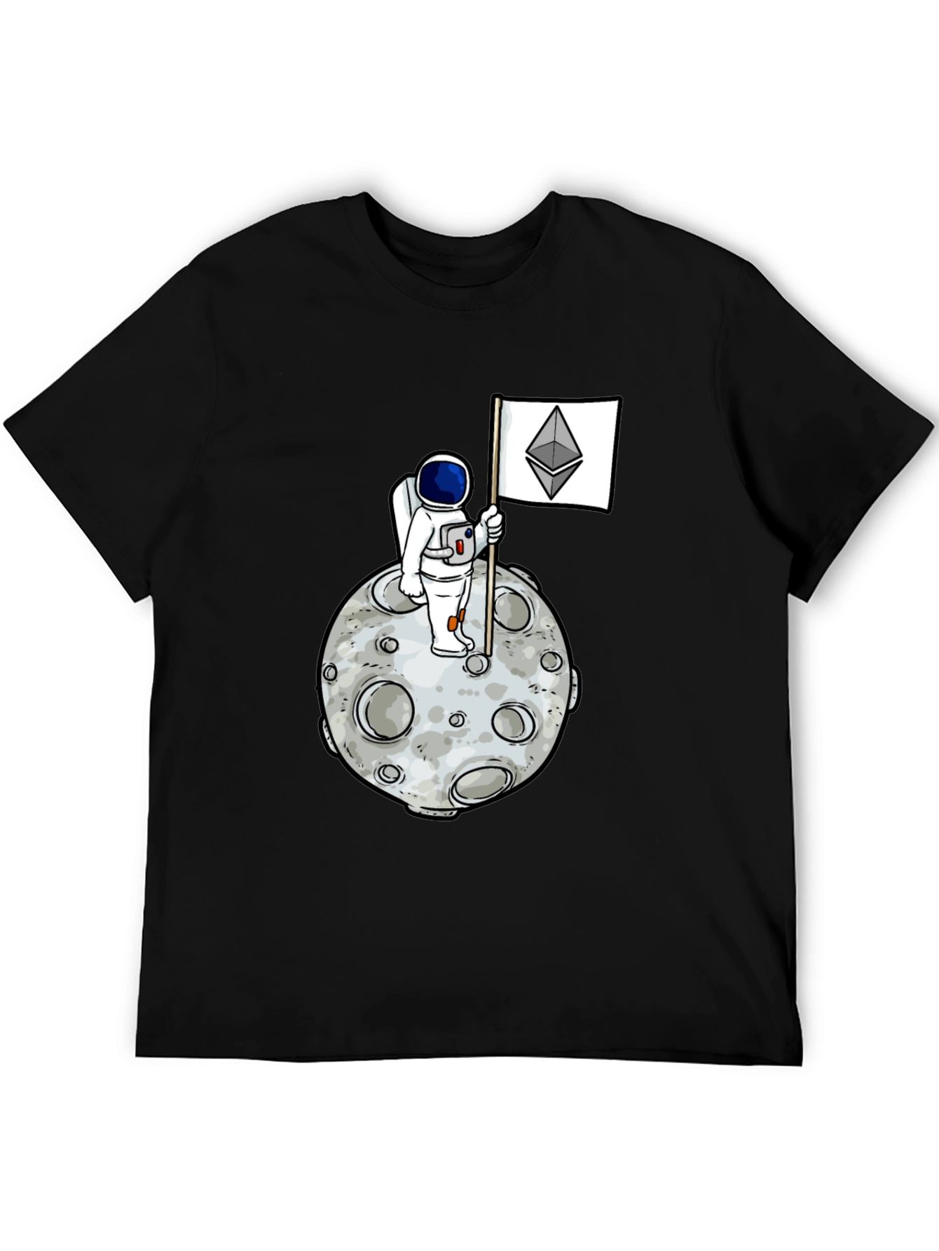 Astronaut Ethereum Flag Graphic Tee - Black Cotton Shirt