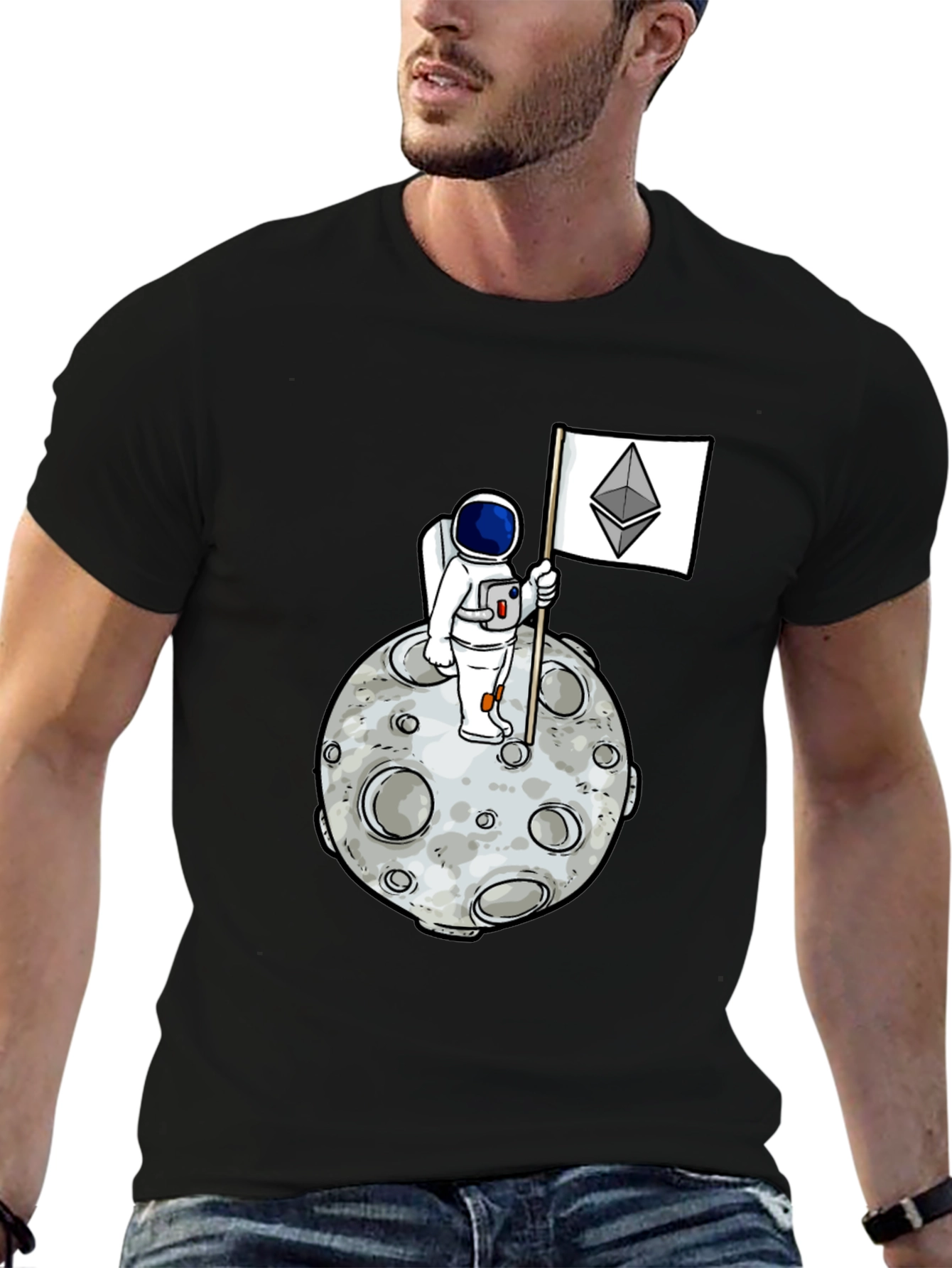 Astronaut Ethereum Flag Graphic Tee - Black Cotton Shirt