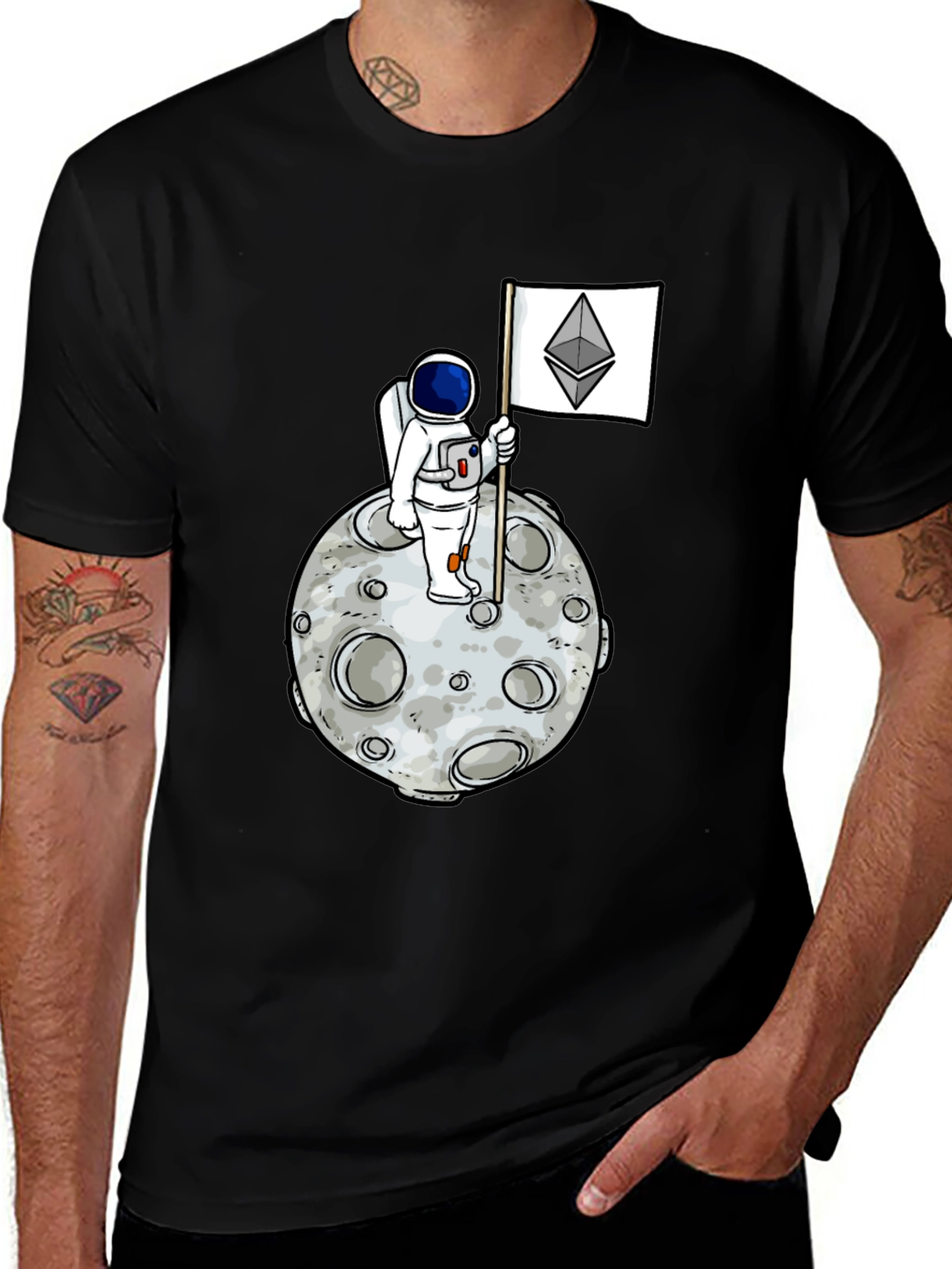 Astronaut Ethereum Flag Graphic Tee - Black Cotton Shirt