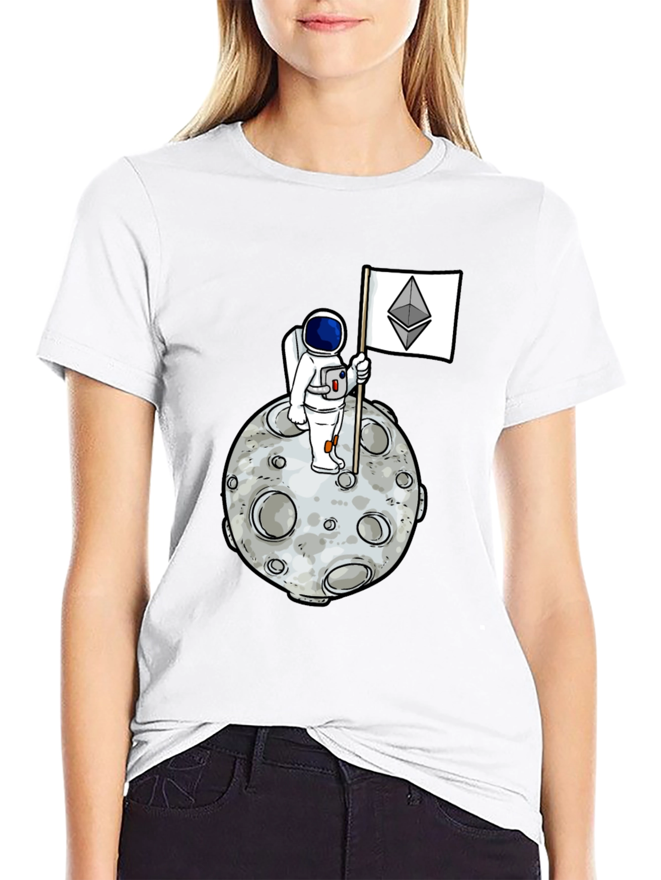 Astronaut Ethereum Flag Graphic Tee - Black Cotton Shirt