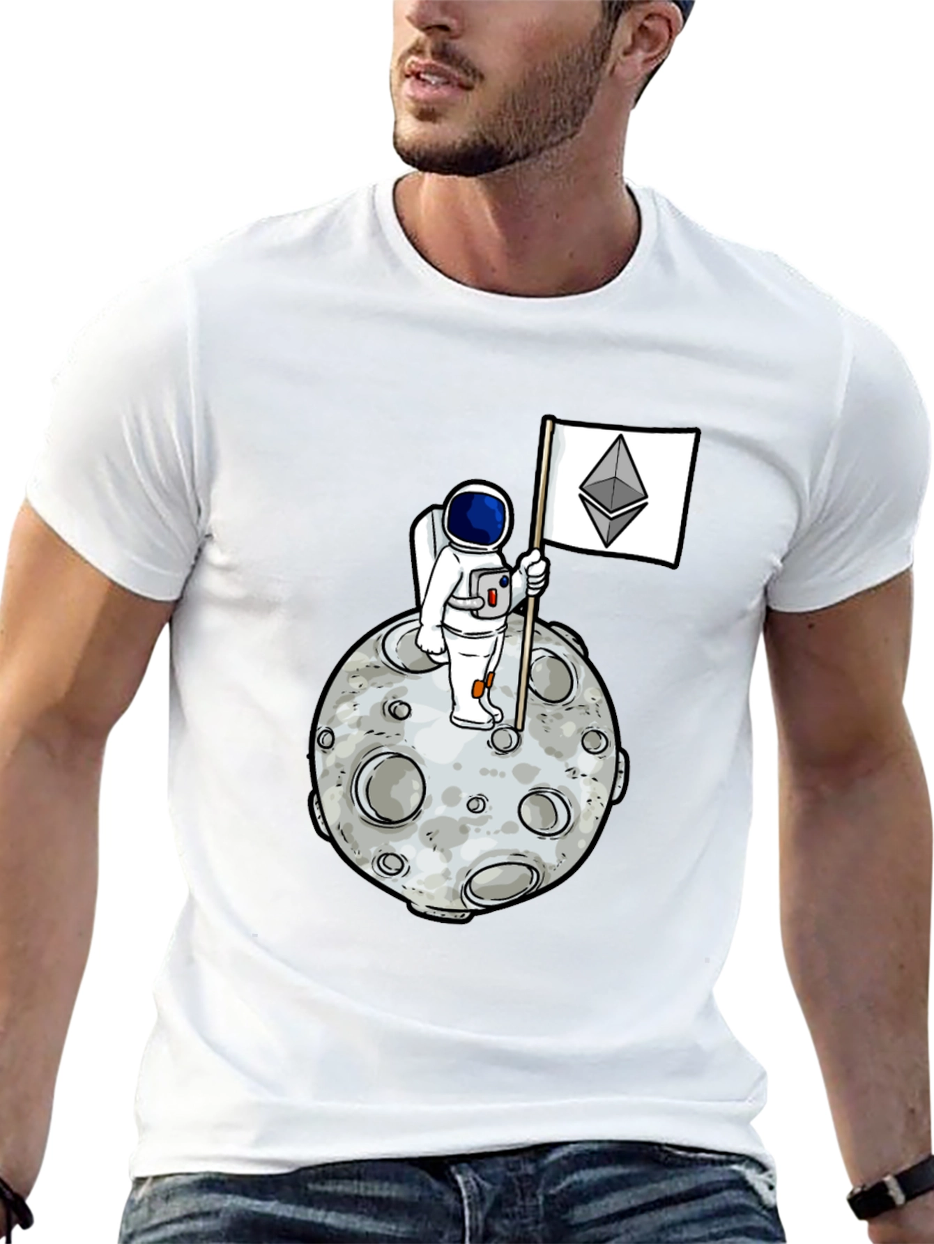 Astronaut Ethereum Flag Graphic Tee - Black Cotton Shirt