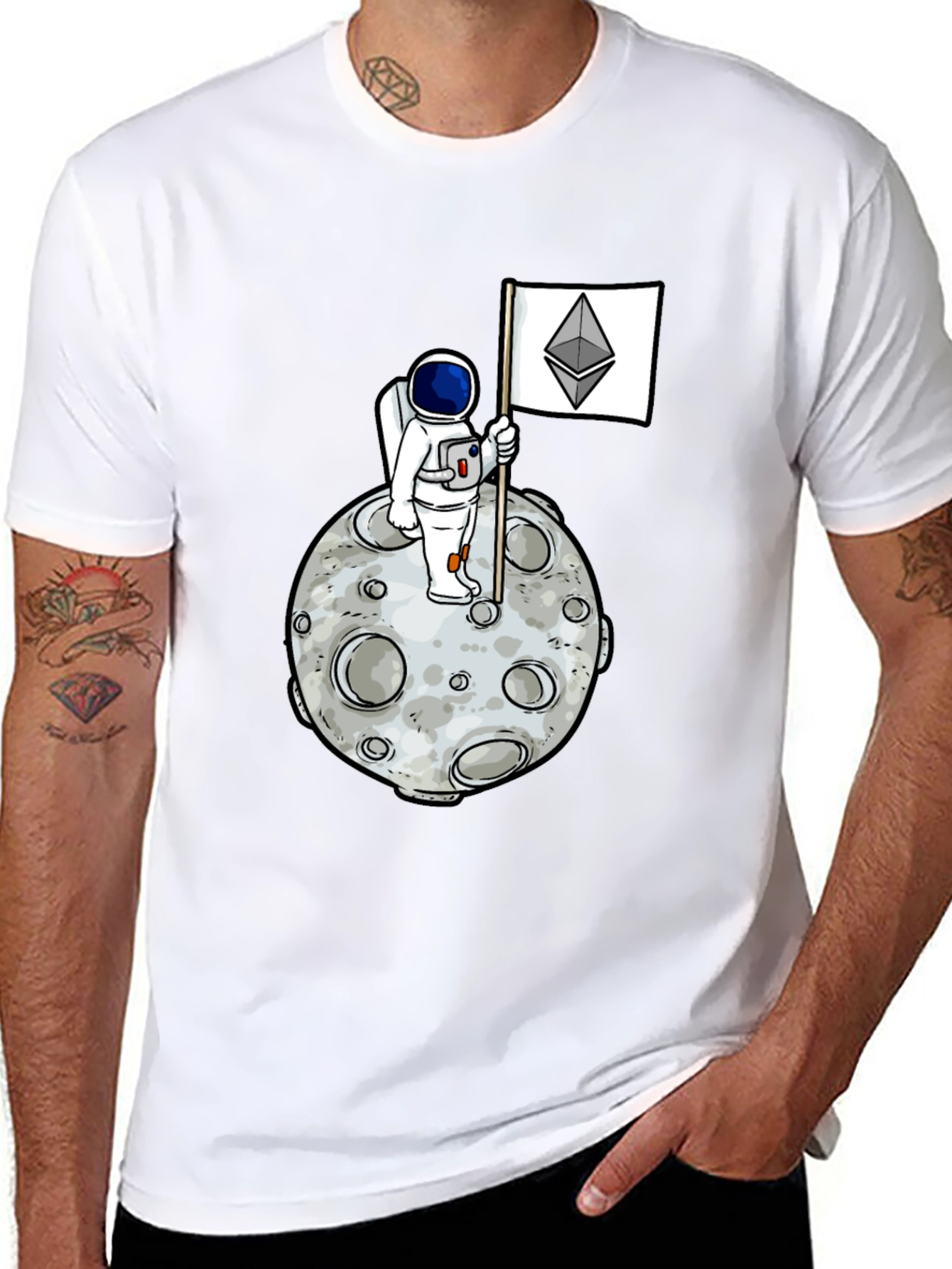 Astronaut Ethereum Flag Graphic Tee - Black Cotton Shirt