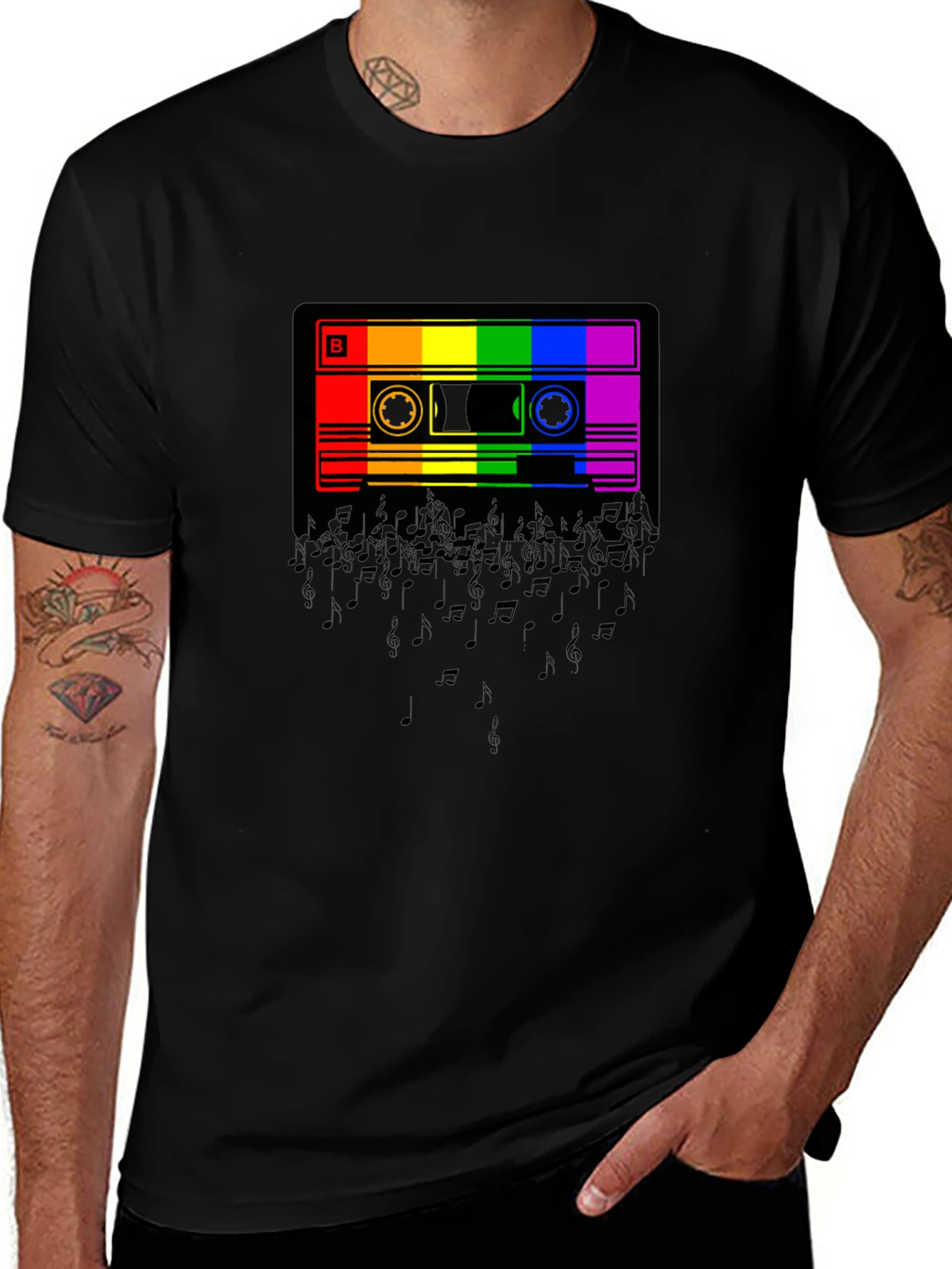 Rainbow Cassette Music Notes Graphic T-Shirt