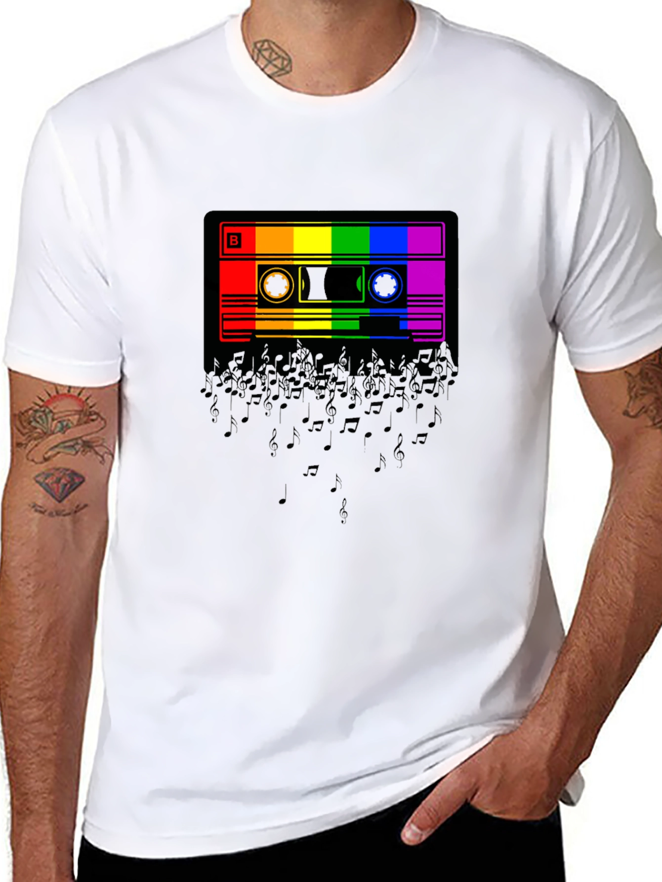 Rainbow Cassette Music Notes Graphic T-Shirt